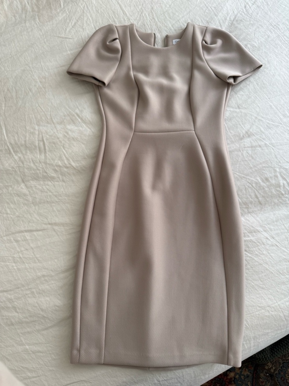 Calvin Klein Taupe Ponte Midi Dress with Puff Cap Sleeves